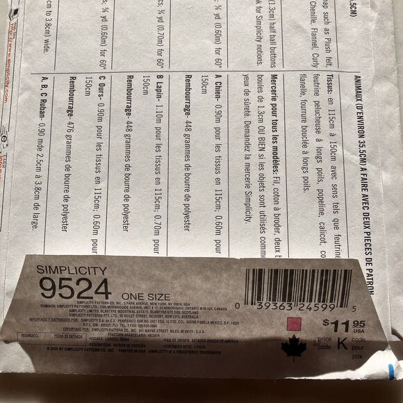 OOP Simplicity 9524 Elaine Heigl 2 Piece Pattern 14 in Stuffed Dog Rabbit Bear - Picture 4 of 5